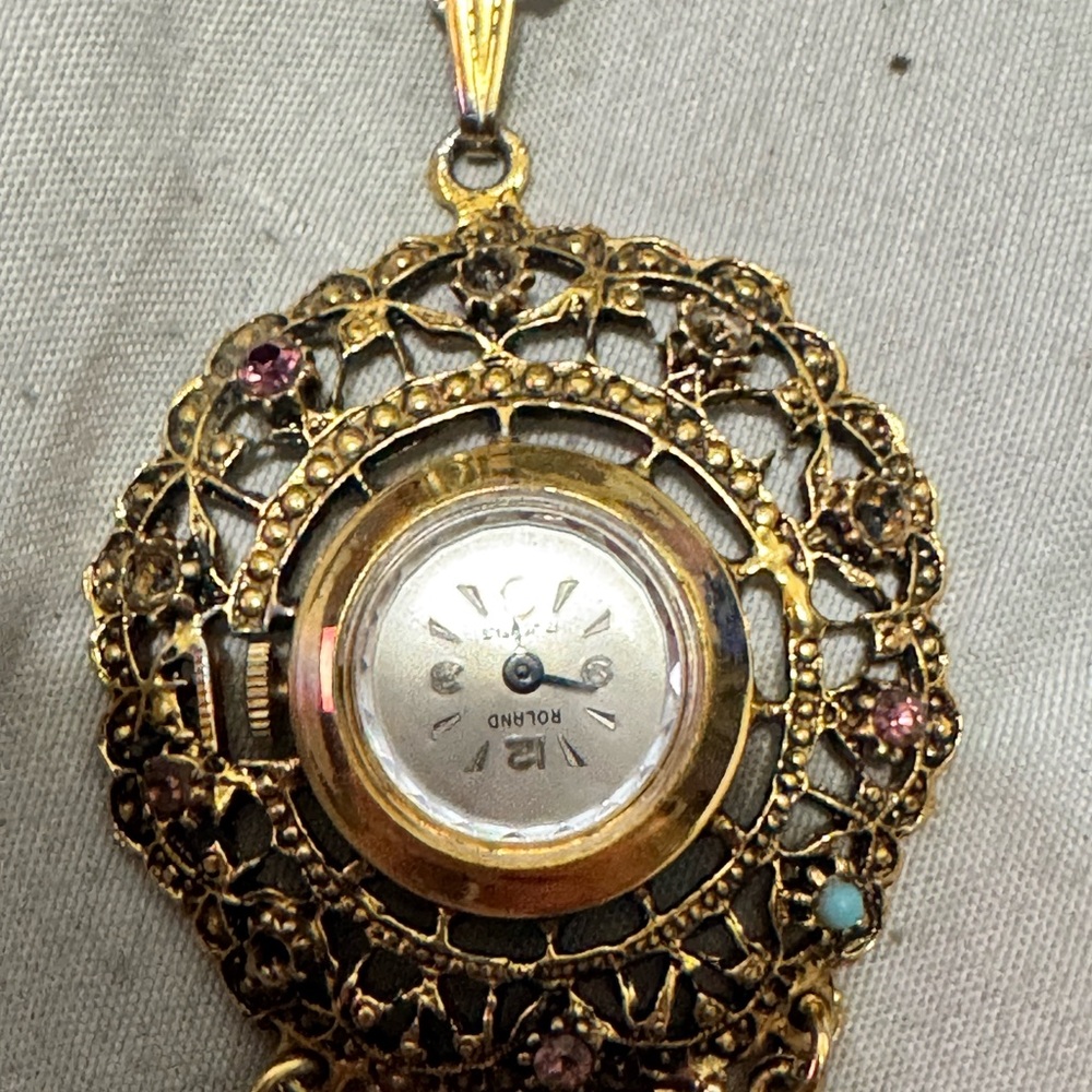 Roland Gold Filigree Pendant with Pink and Blue Accents